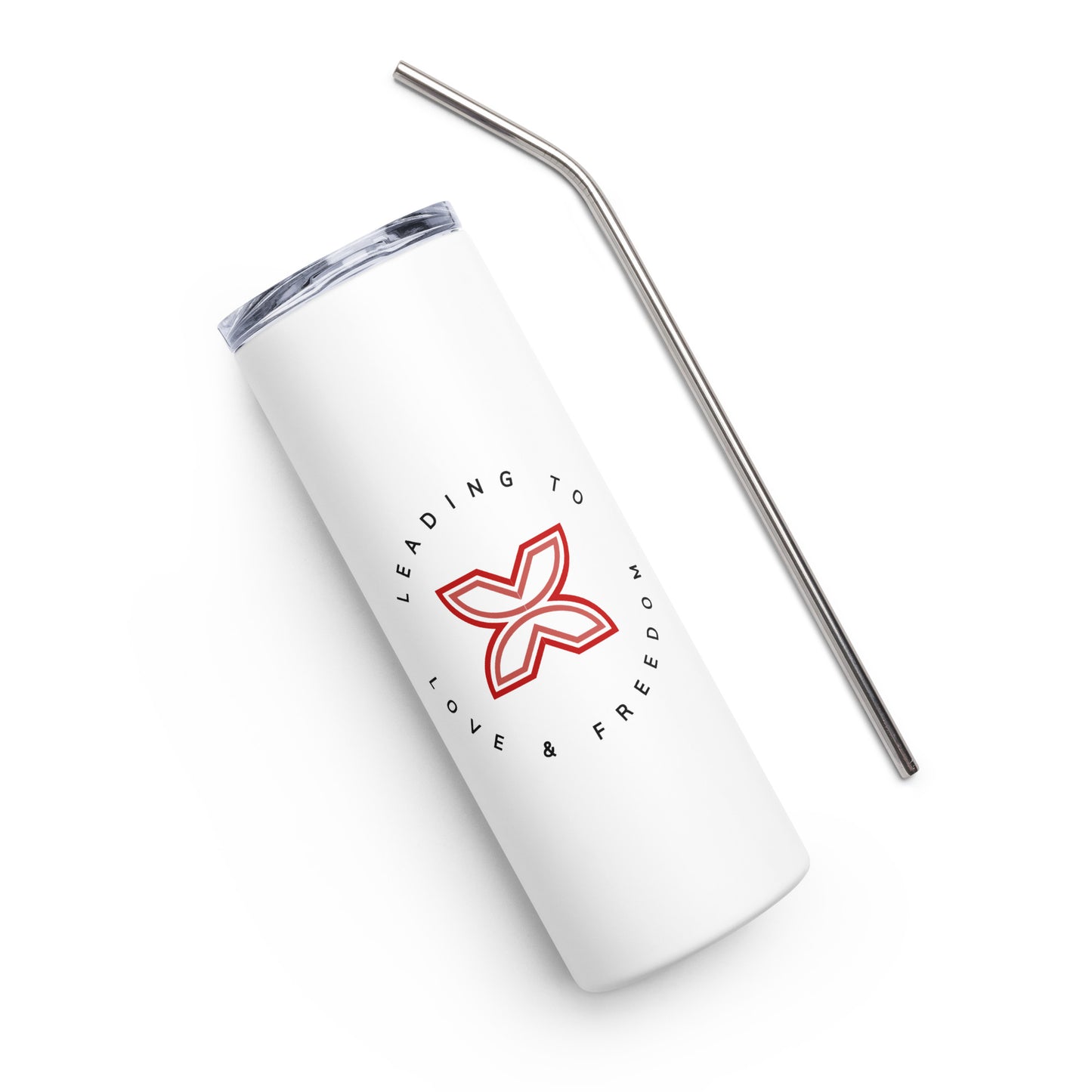 White Leading to Love + Freedom Stainless steel tumbler